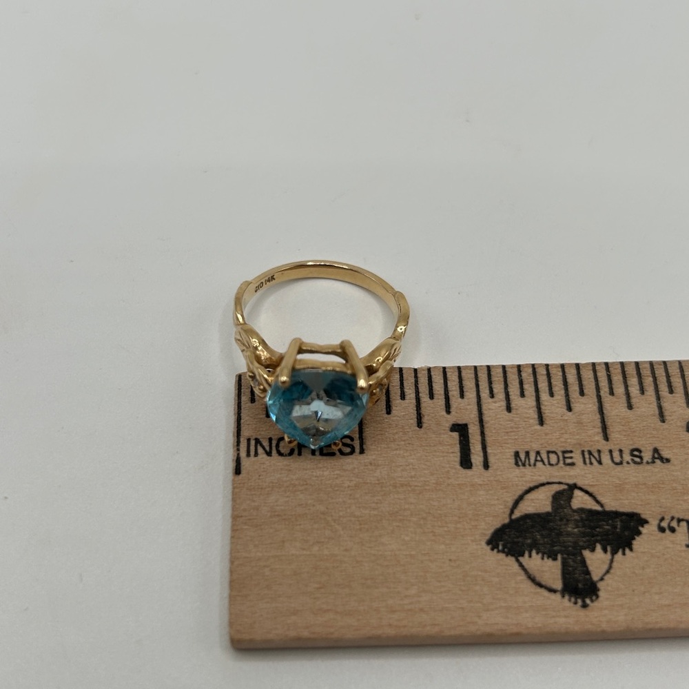 14k Solid Gold Ring Blue Heart 10mm Topaz and Diamond Gemstone - Picture 8 of 13